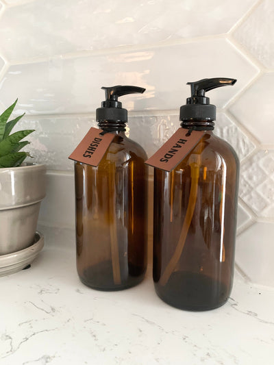 Hand and Dish Soap Dispensers - Leather Tags - 16 oz